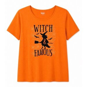 NWT Basic Editions Witch & Famous Halloween Graphic Tee 2X Orange Plus Size
